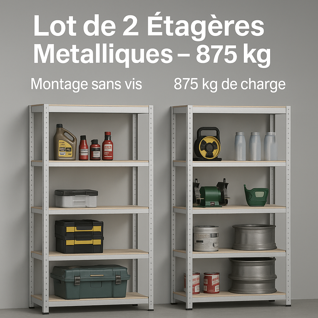 Lot de 2 Étagères Métalliques – 5 niveaux – 875 kg – Montage sans vis