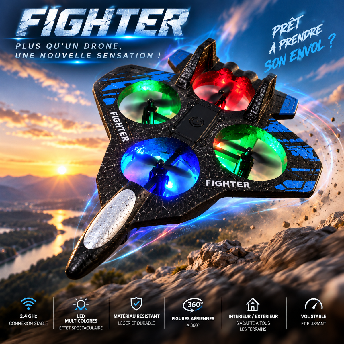 Avion de chasse télécommandé 2,4 GHz – Vol stationnaire, figures 360° & LED – Vente en gros