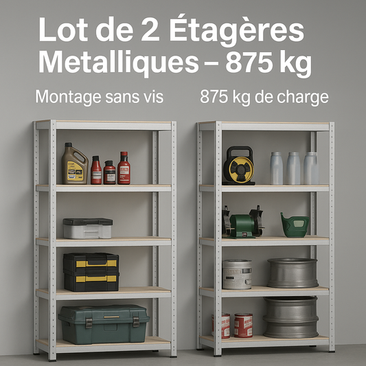Lot de 2 Étagères Métalliques – 5 niveaux – 875 kg – Montage sans vis